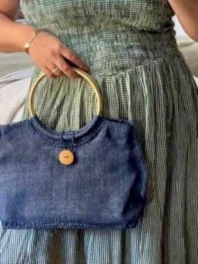 Coastal Boho Blue Woven Raffia Style Handbag Gold Ring Handles